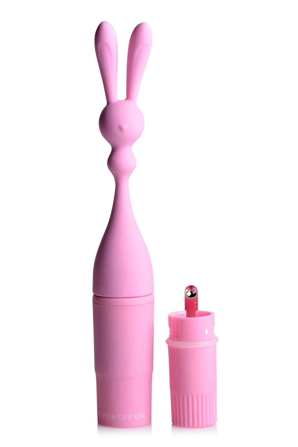 Pink frisky bunny rocket silicone vibrator with sleek smooth surface and matching cylindrical base
