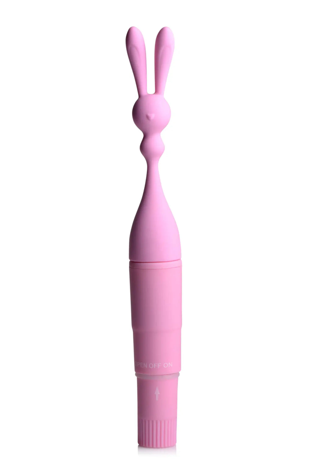 Pink frisky bunny rocket silicone vibrator with smooth matte finish and segmented body design for intimate use