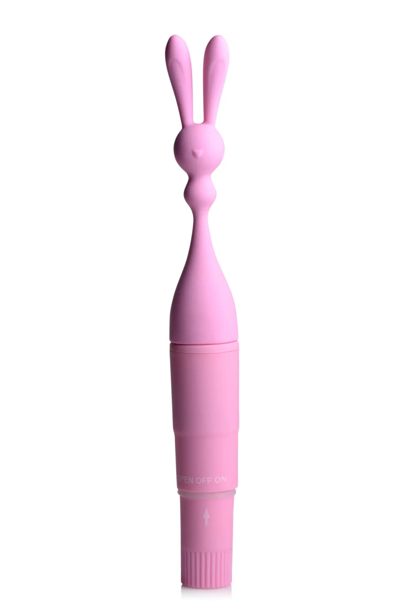 Pink frisky bunny rocket silicone vibrator with smooth matte finish and segmented body design for intimate use