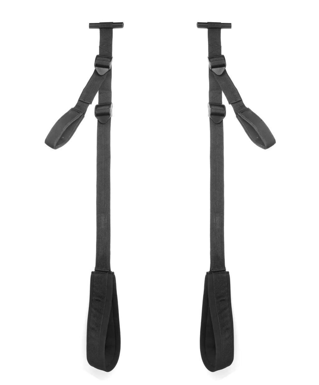 Black fabric suspension straps with padded handles and adjustable buckles for the frisky compact door love sling