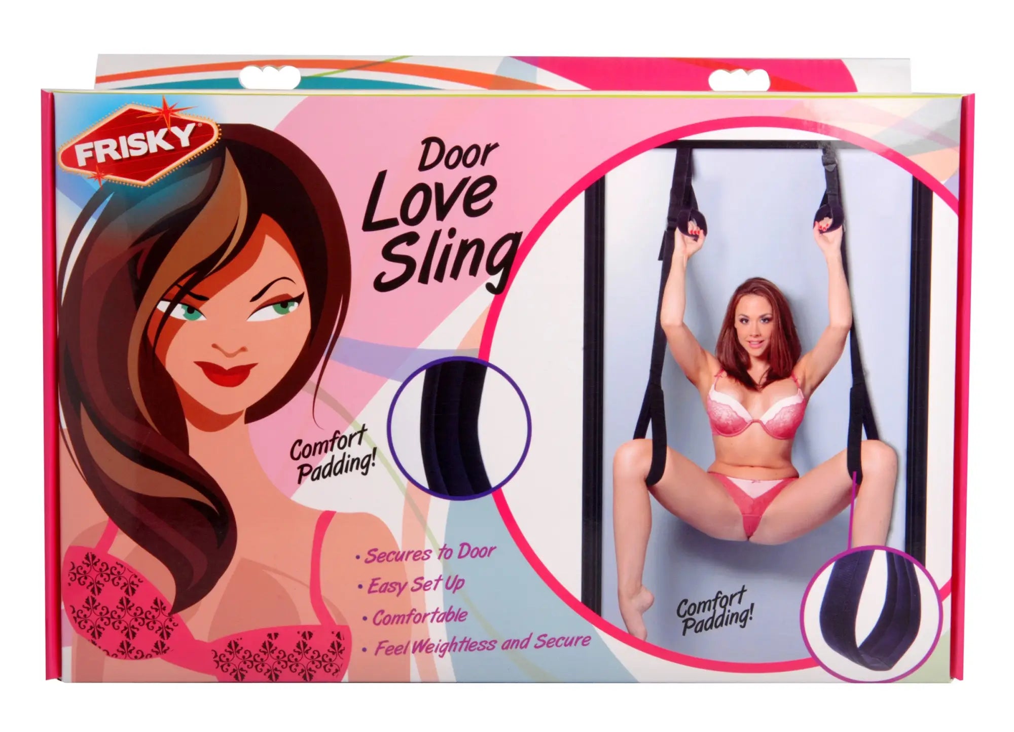 Frisky Compact Door Love Sling in pink and black with comfort padding for secure and comfortable use