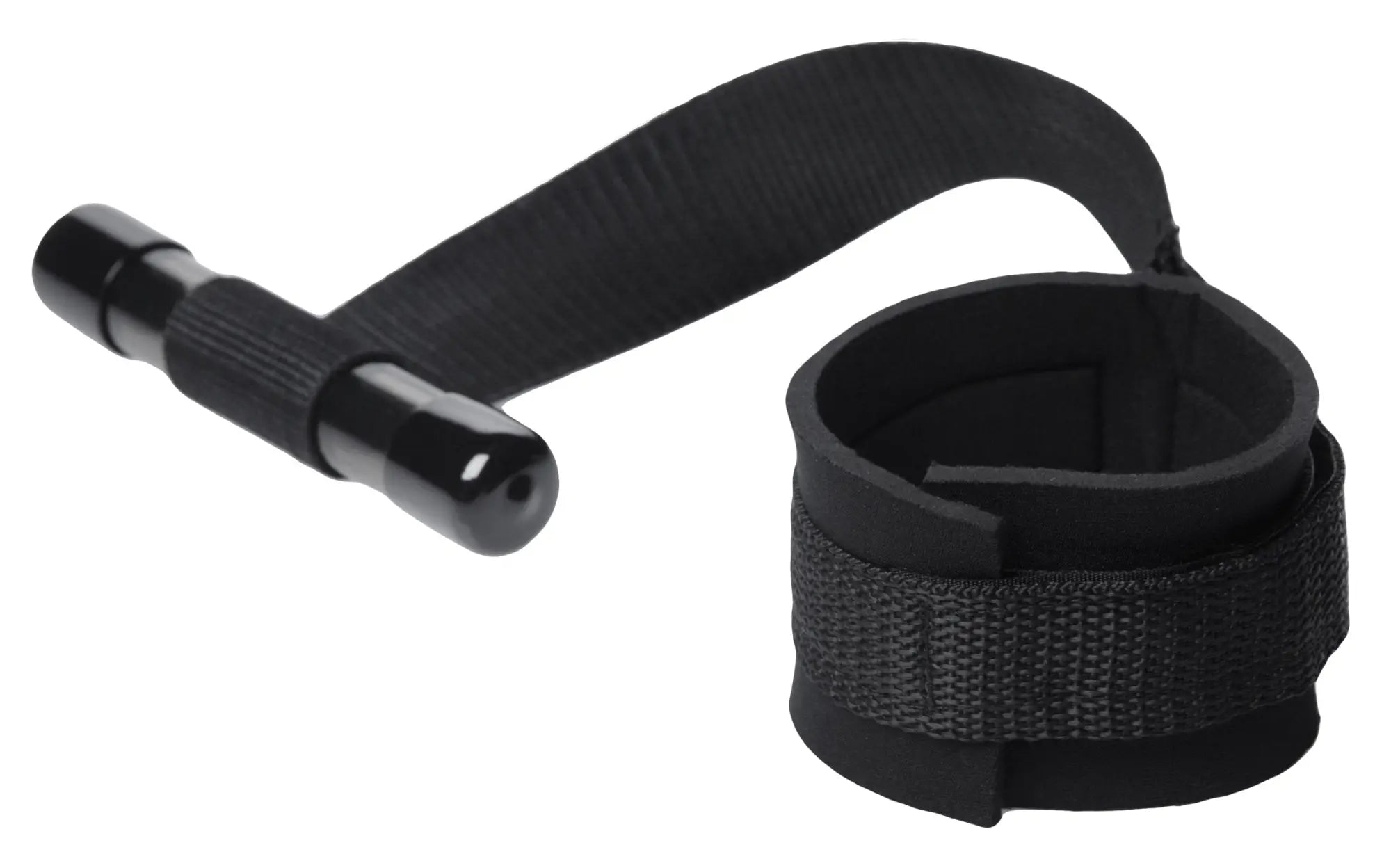 Black adjustable wrist cuff with textured fabric strap and metallic end piece for frisky entryway door restraints
