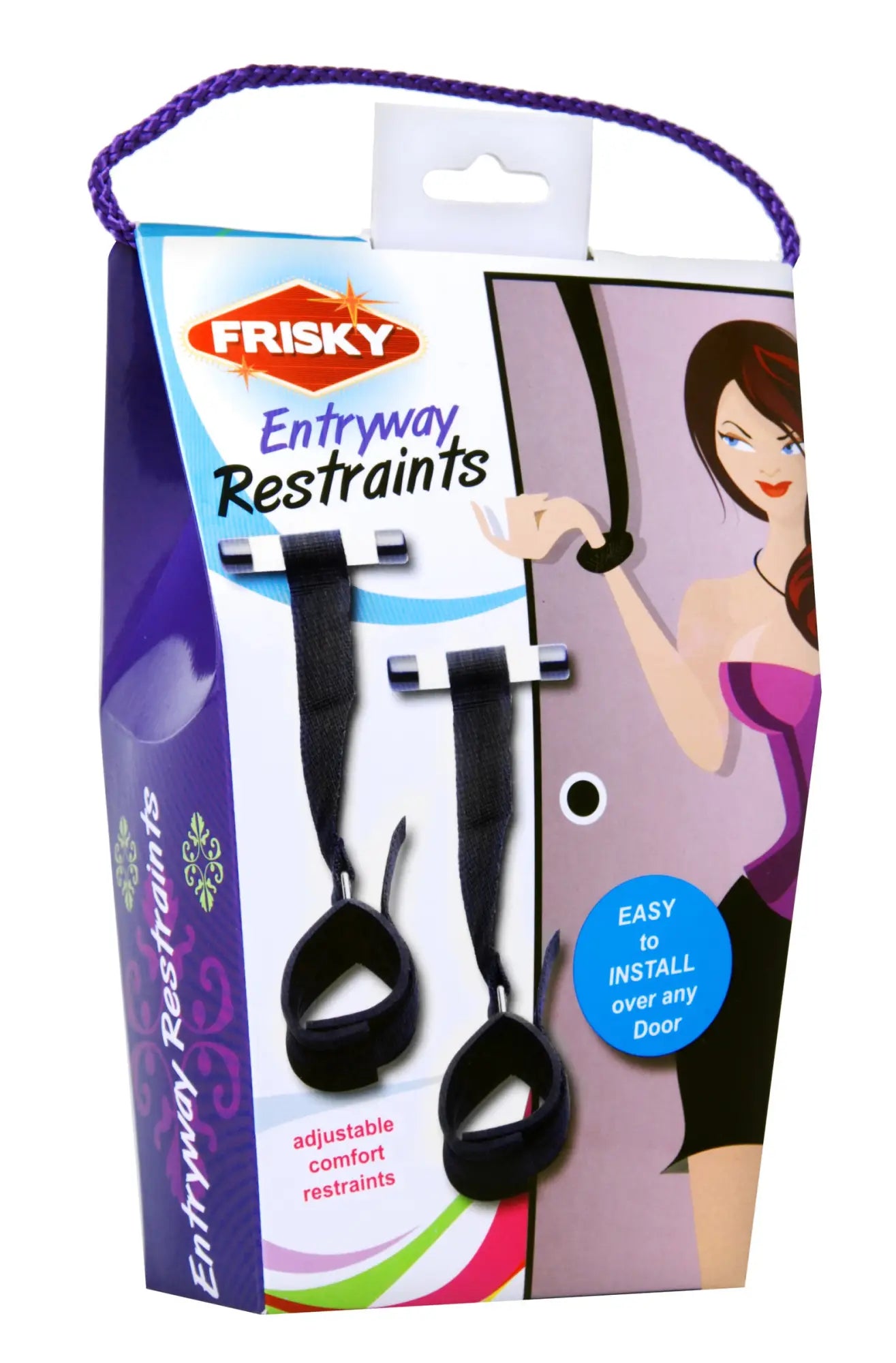 Purple and black frisky entryway door restraints with adjustable straps for secure door installation and use