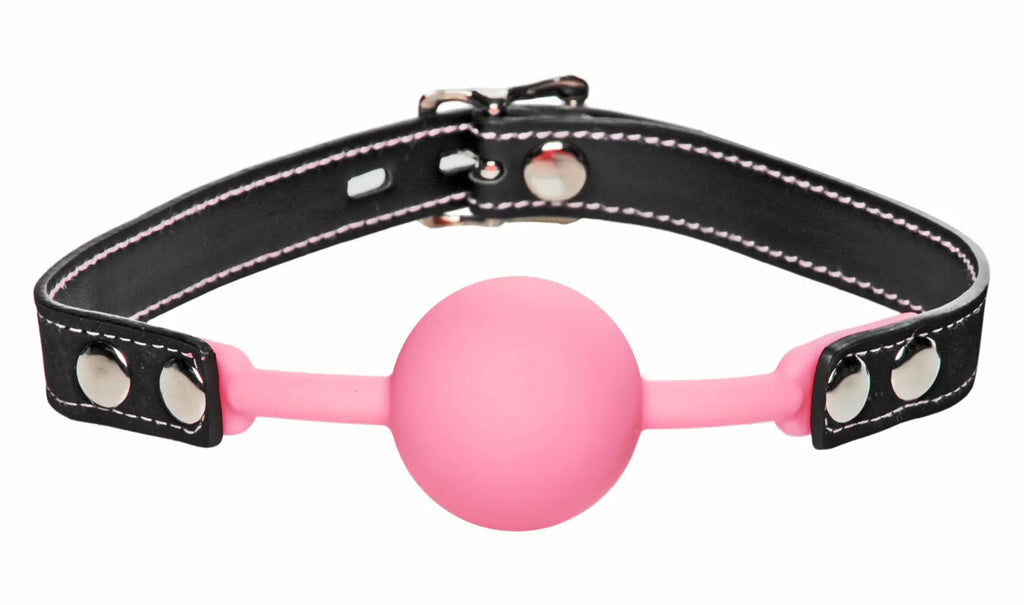 Pink silicone ball gag with black leather straps and silver metal hardware glow in the dark frisky glow gag