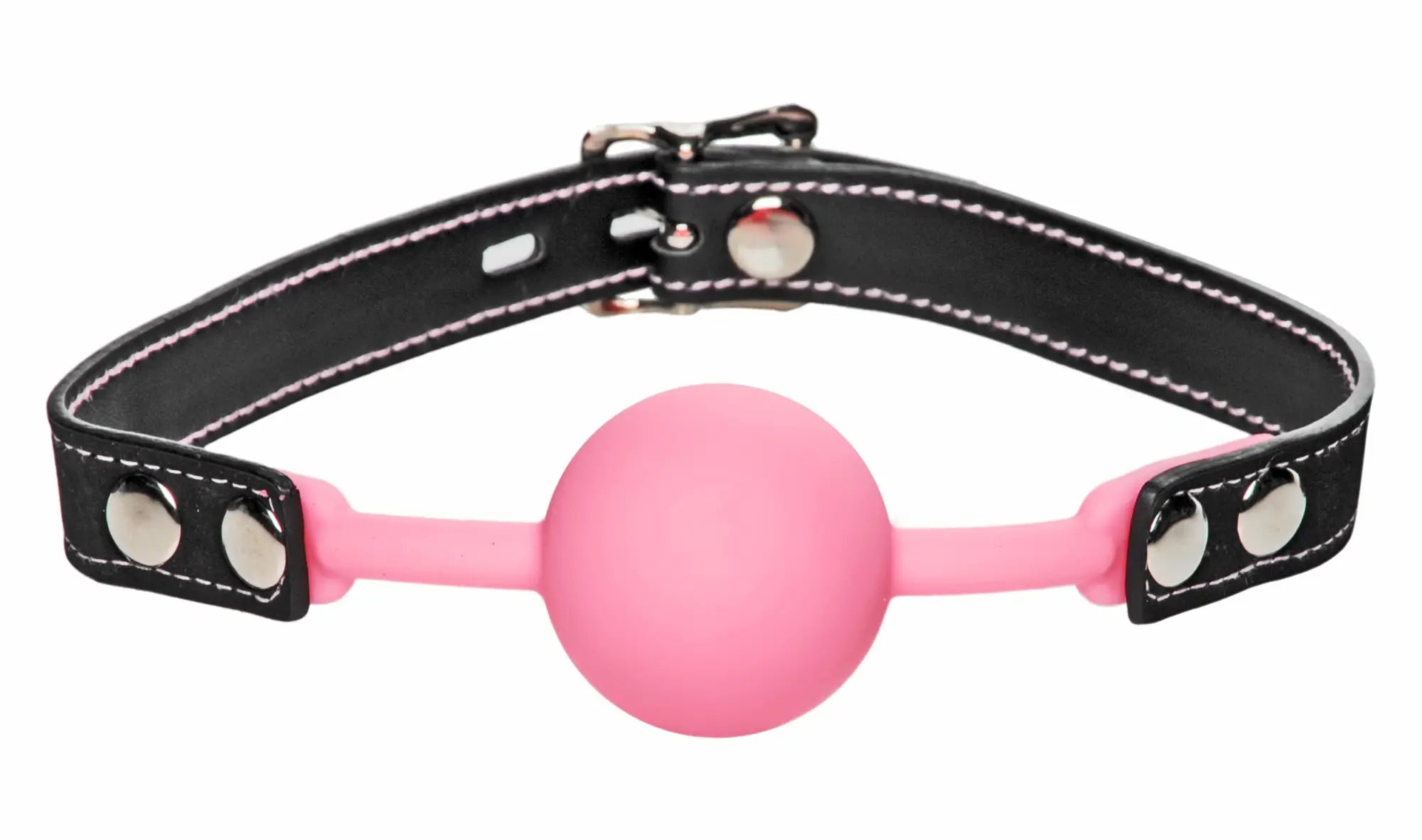 Pink silicone ball gag with black leather straps and silver metal hardware glow in the dark frisky glow gag