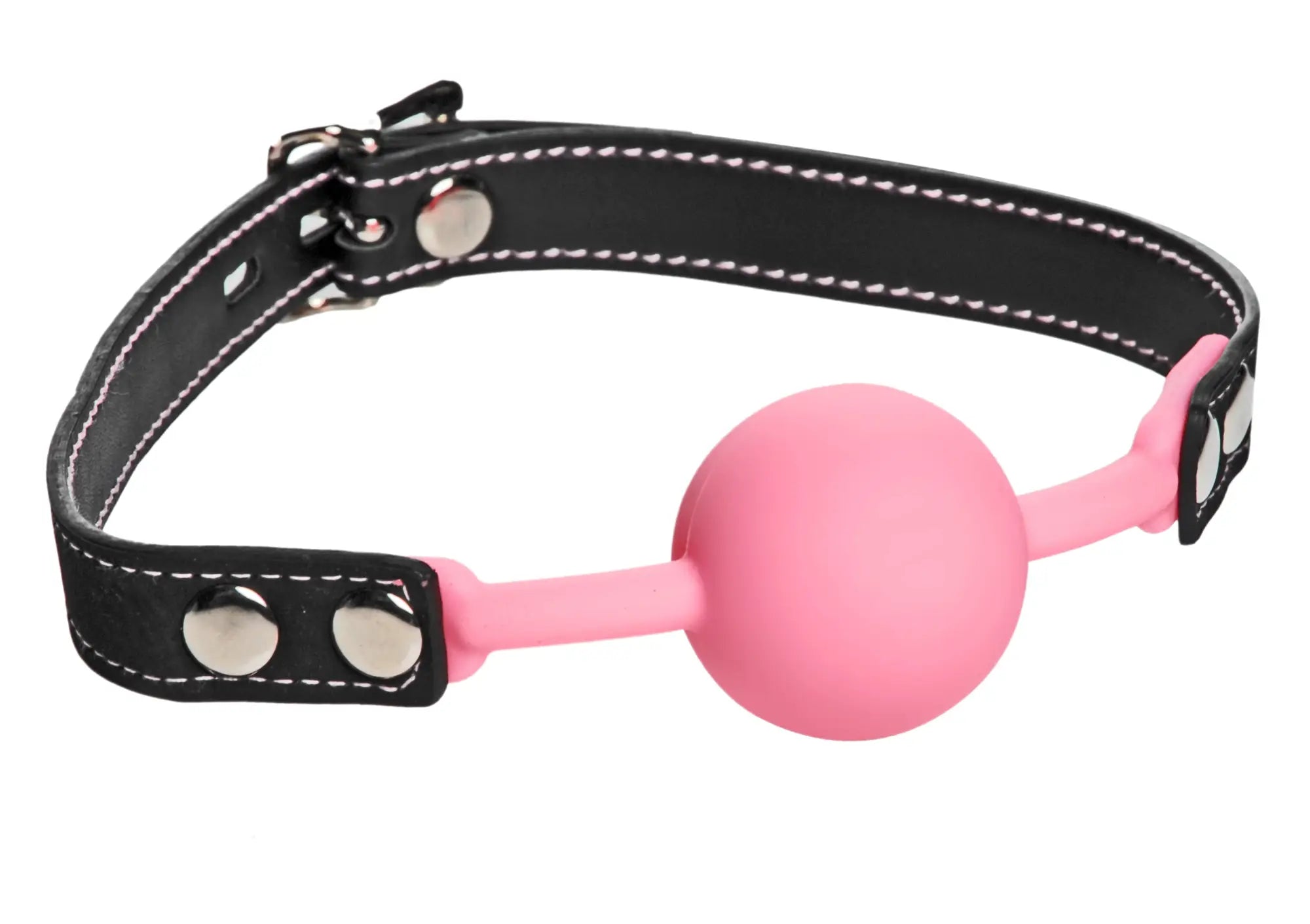 Pink silicone mouth gag with black leather strap and silver metal hardware for frisky glow gag glow in the dark use