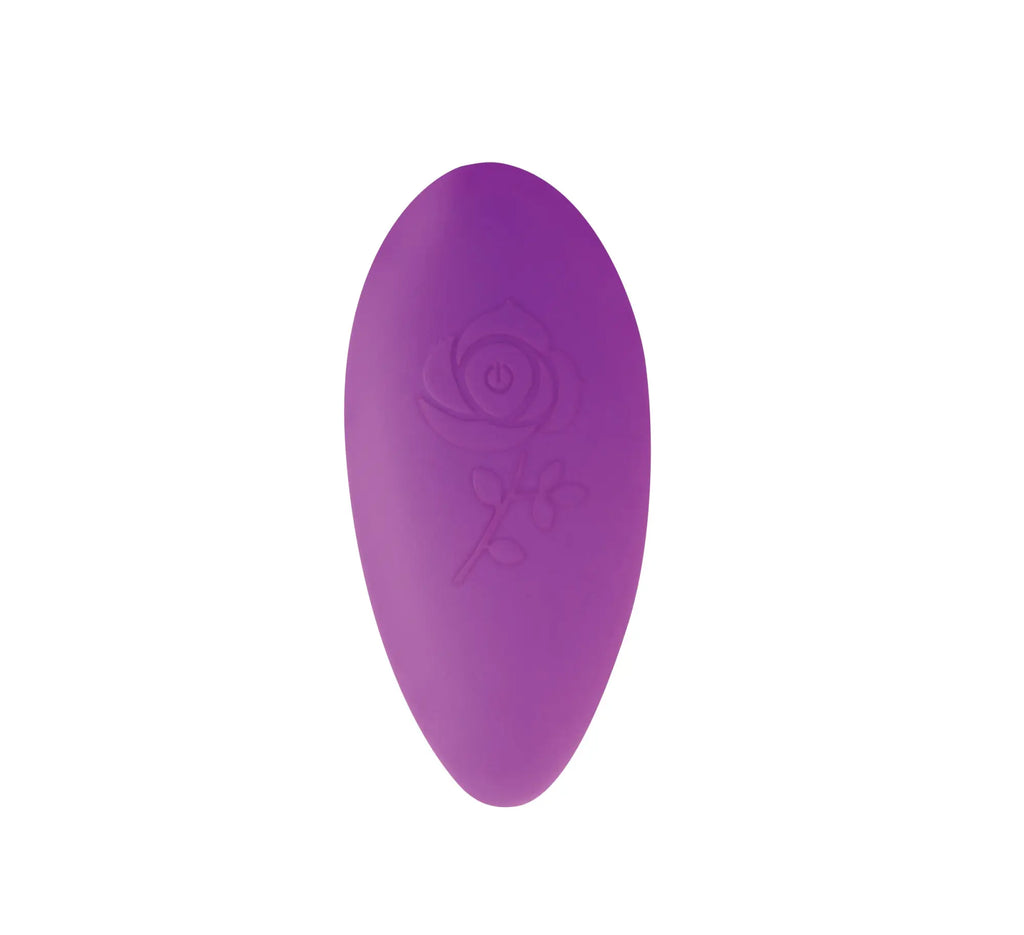 Purple silicone oval vibrator with subtle rose design from frisky naughty knickers remote panty vibe collection