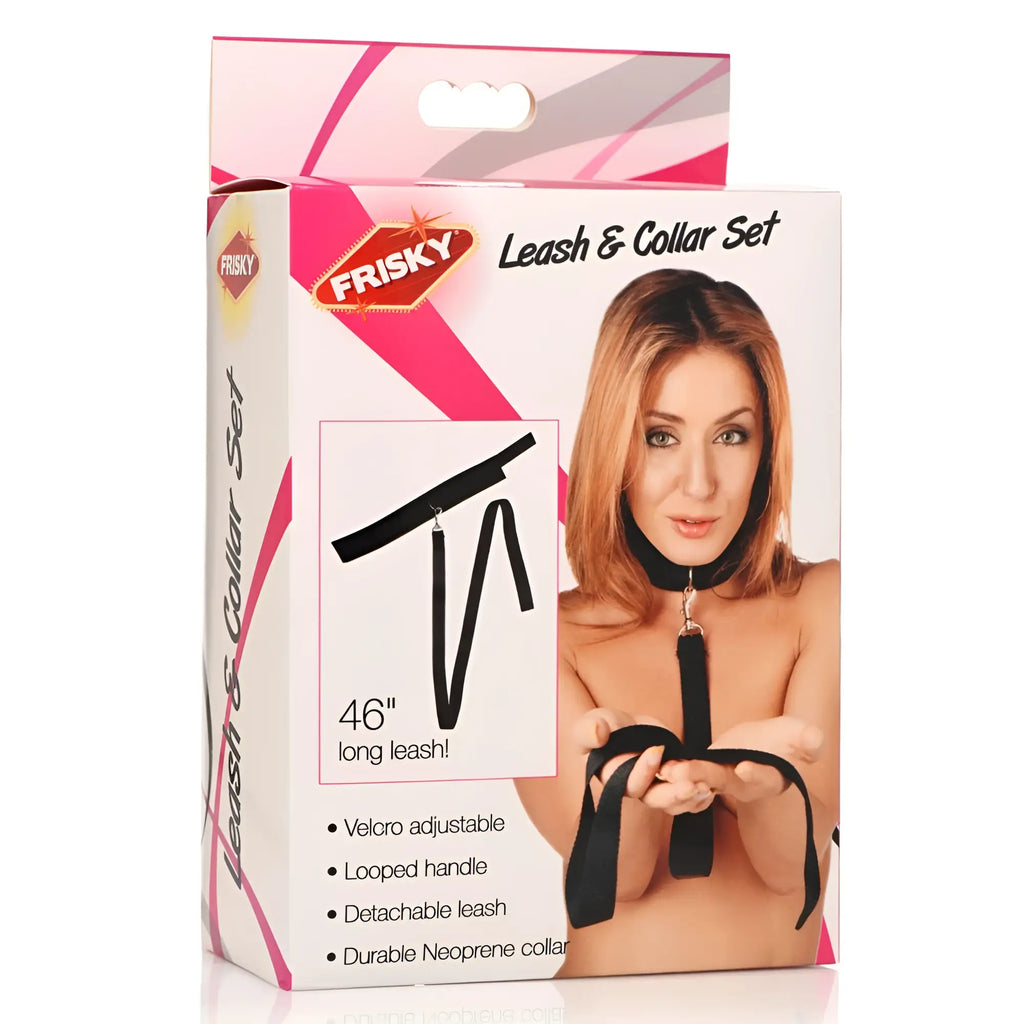 Black frisky neoprene collar and leash set with 46-inch adjustable velcro strap, looped handle, and detachable leash