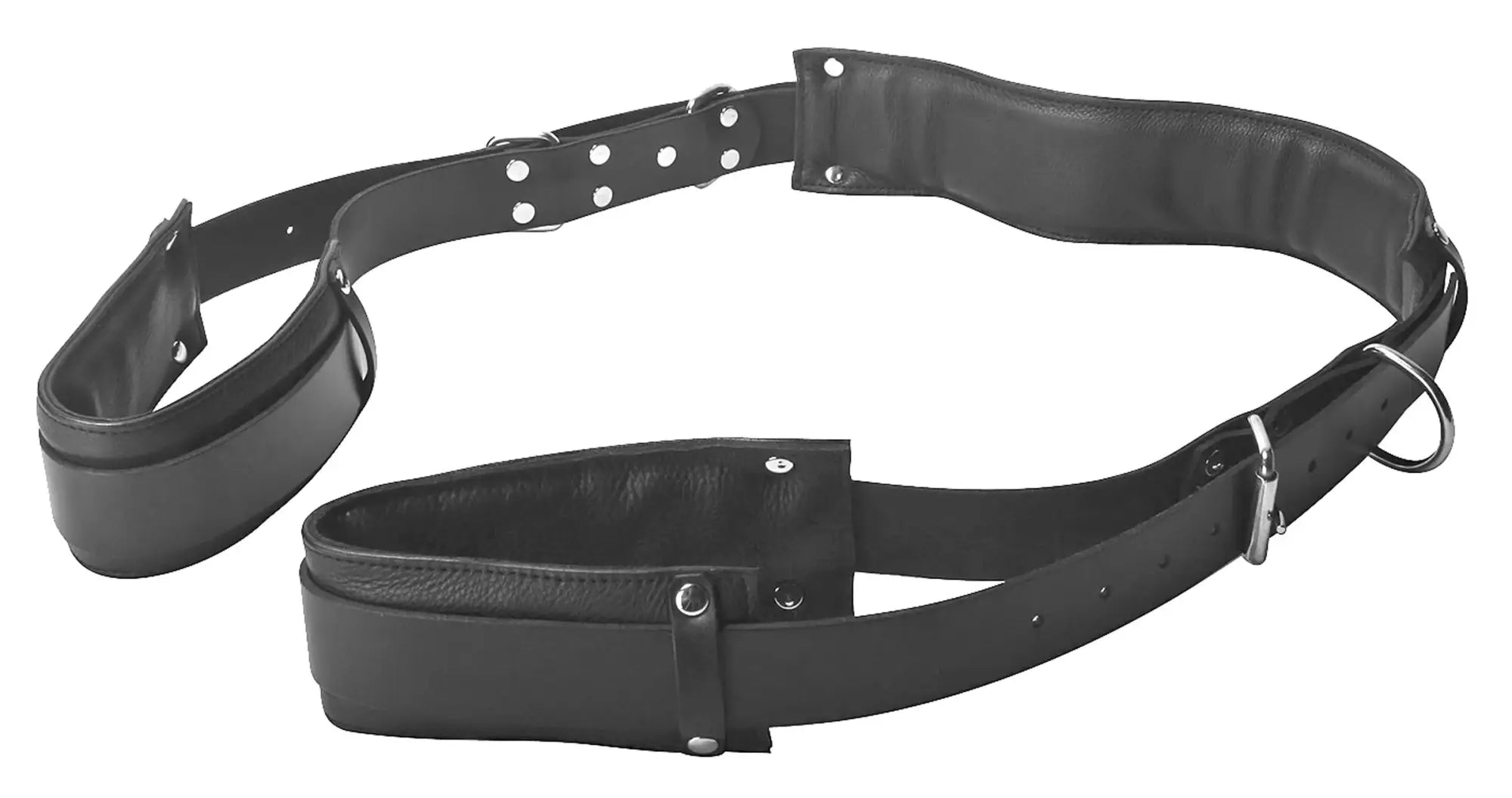 Black leather frisky open wide padded thigh sling position aid with metal hardware and adjustable straps