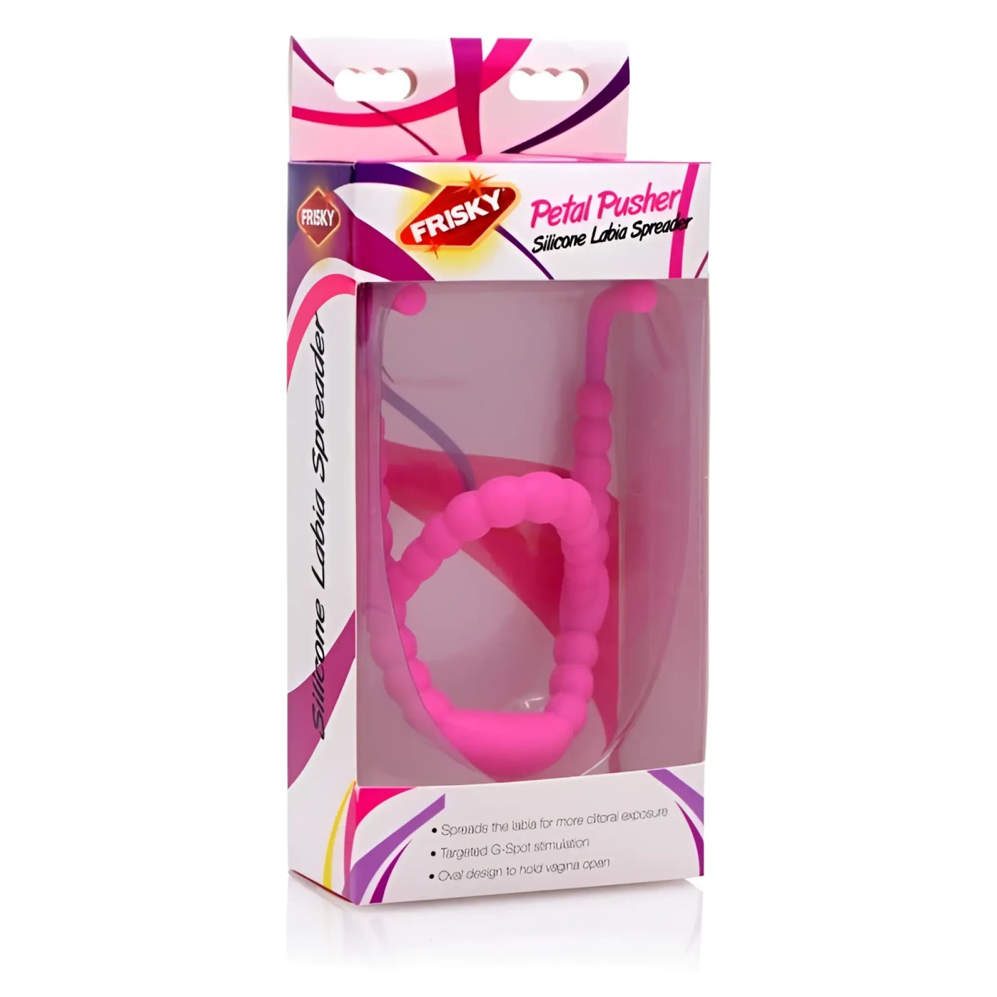 Pink silicone labia spreader with petal pusher design in frisky branded packaging for intimate use
