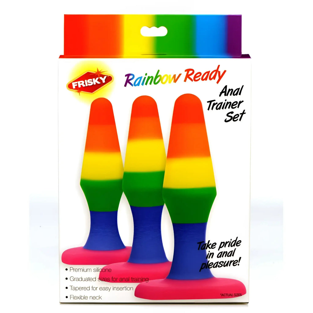 Frisky rainbow ready anal trainer set with rainbow-colored silicone, graduated sizes, and tapered design for easy insertion
