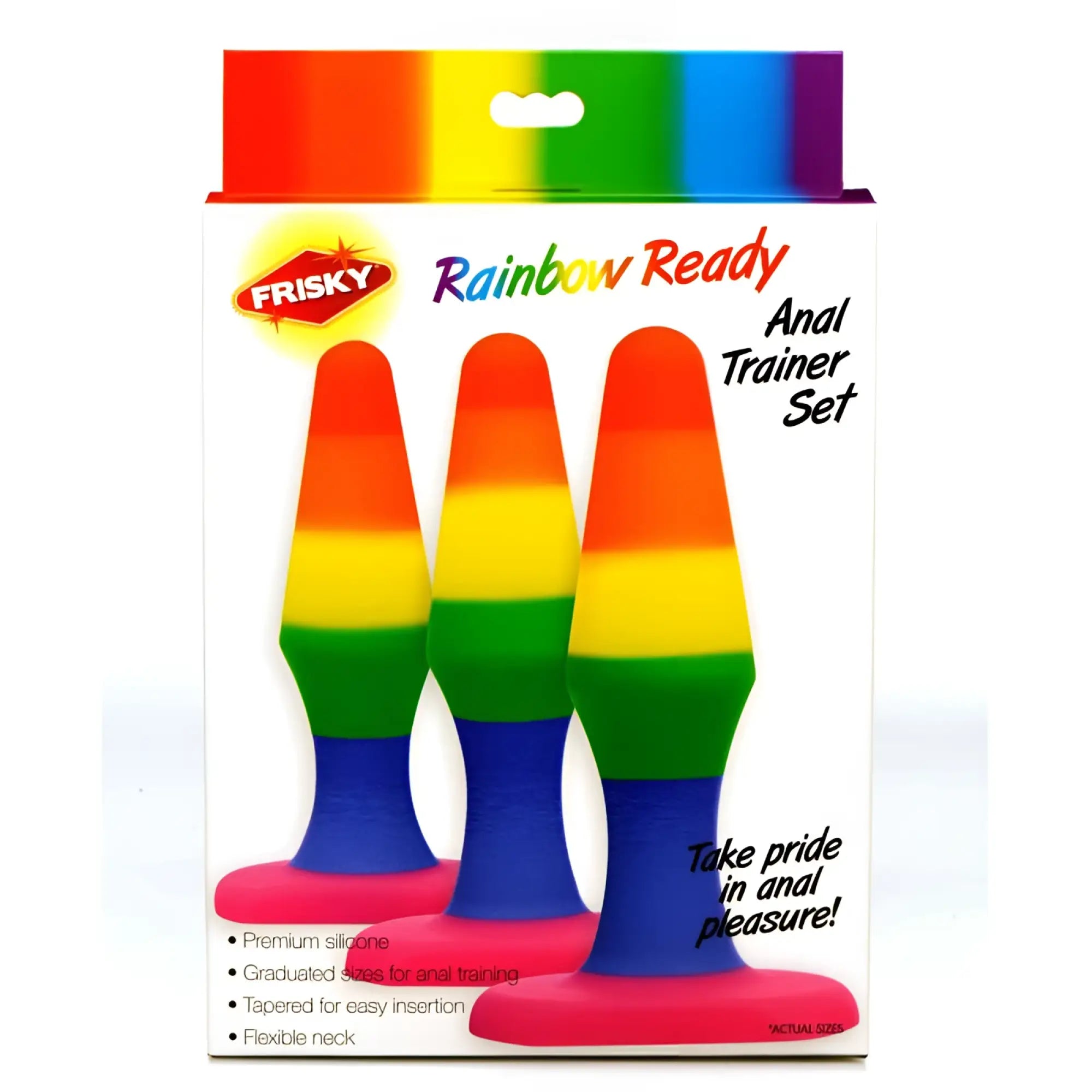 Frisky rainbow ready anal trainer set with rainbow-colored silicone, graduated sizes, and tapered design for easy insertion