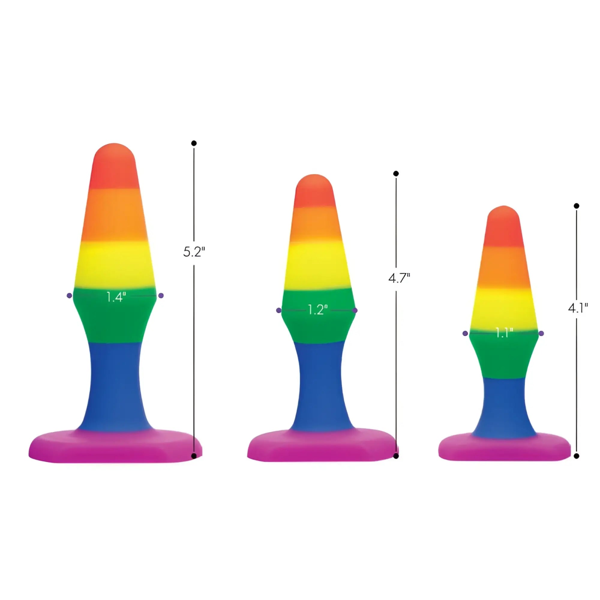 Frisky rainbow ready anal trainer set silicone plugs in rainbow stripes with tapered tops and wide bases in three sizes