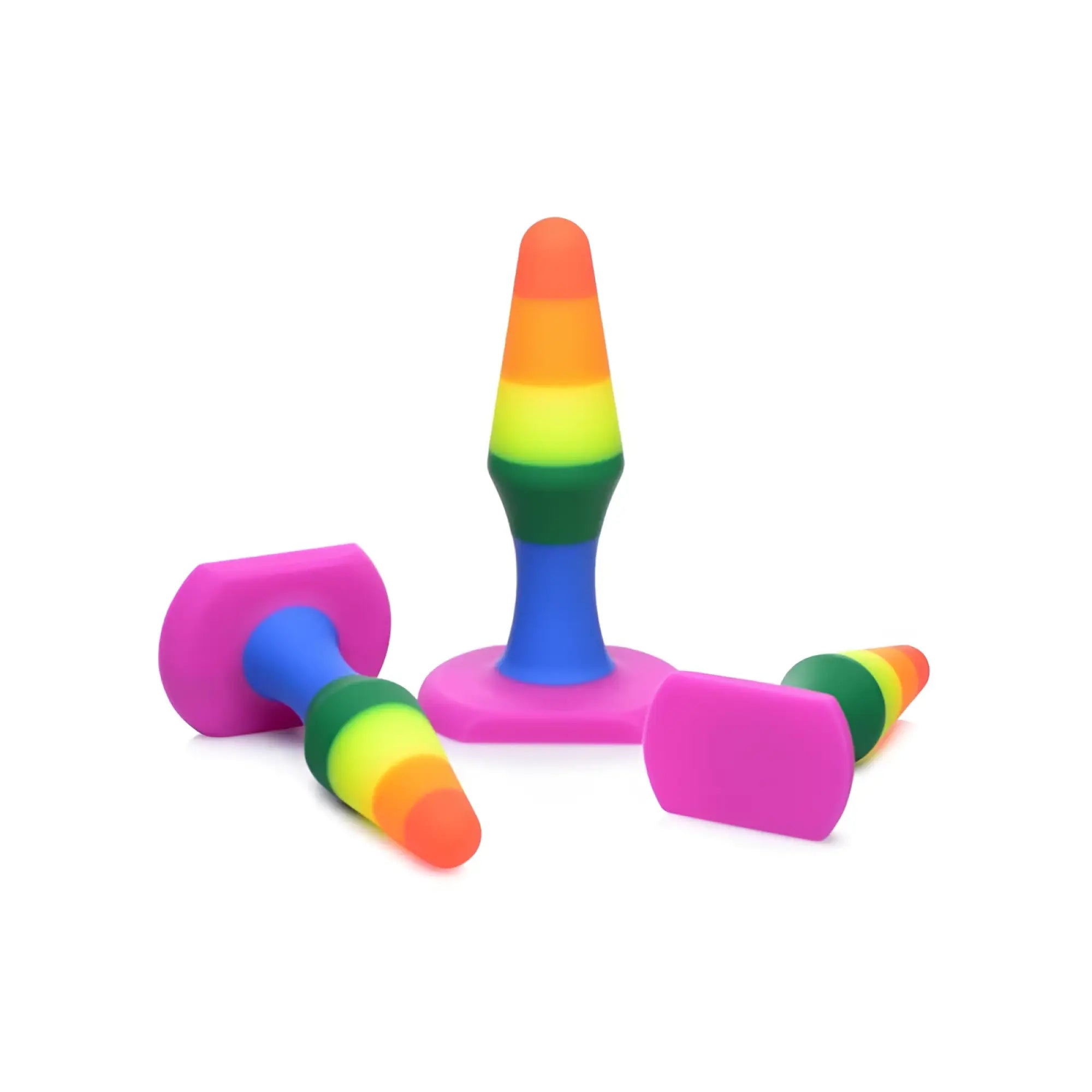 Frisky rainbow ready anal trainer set rainbow-striped silicone anal plug with matching pink base and cap
