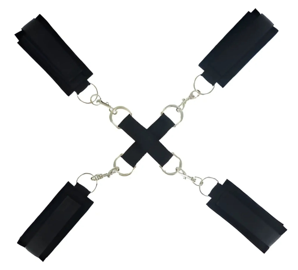 Black leather bondage restraint set with silver metal chains and rings frisky stay put cross tie restraints