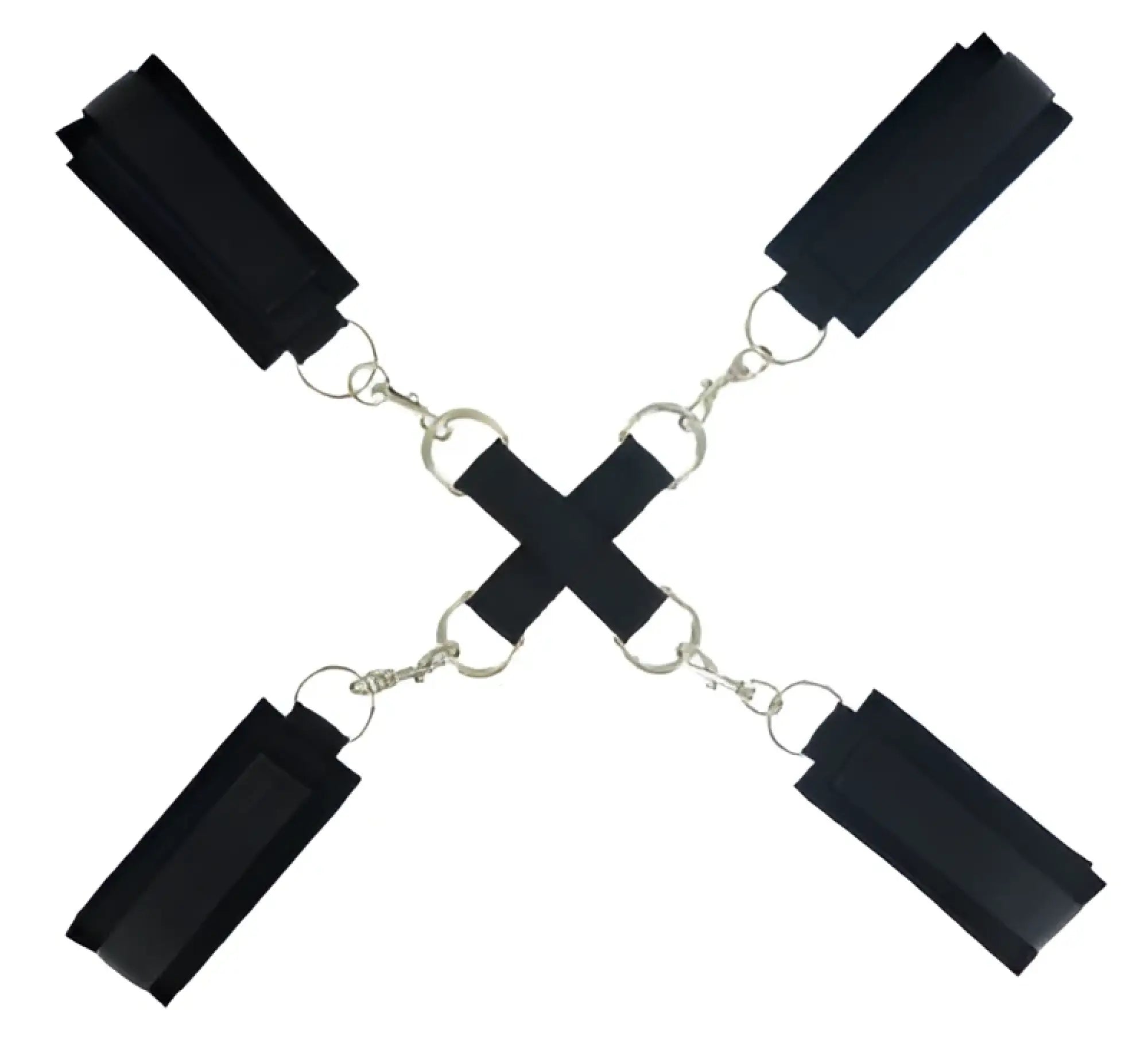 Black leather bondage restraint set with silver metal chains and rings frisky stay put cross tie restraints