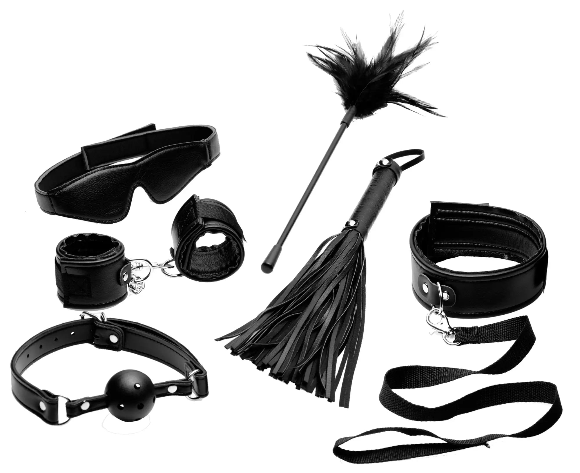 Black leather frisky tame me 8 pc beginner bondage set with feather duster and flogger for intimate play