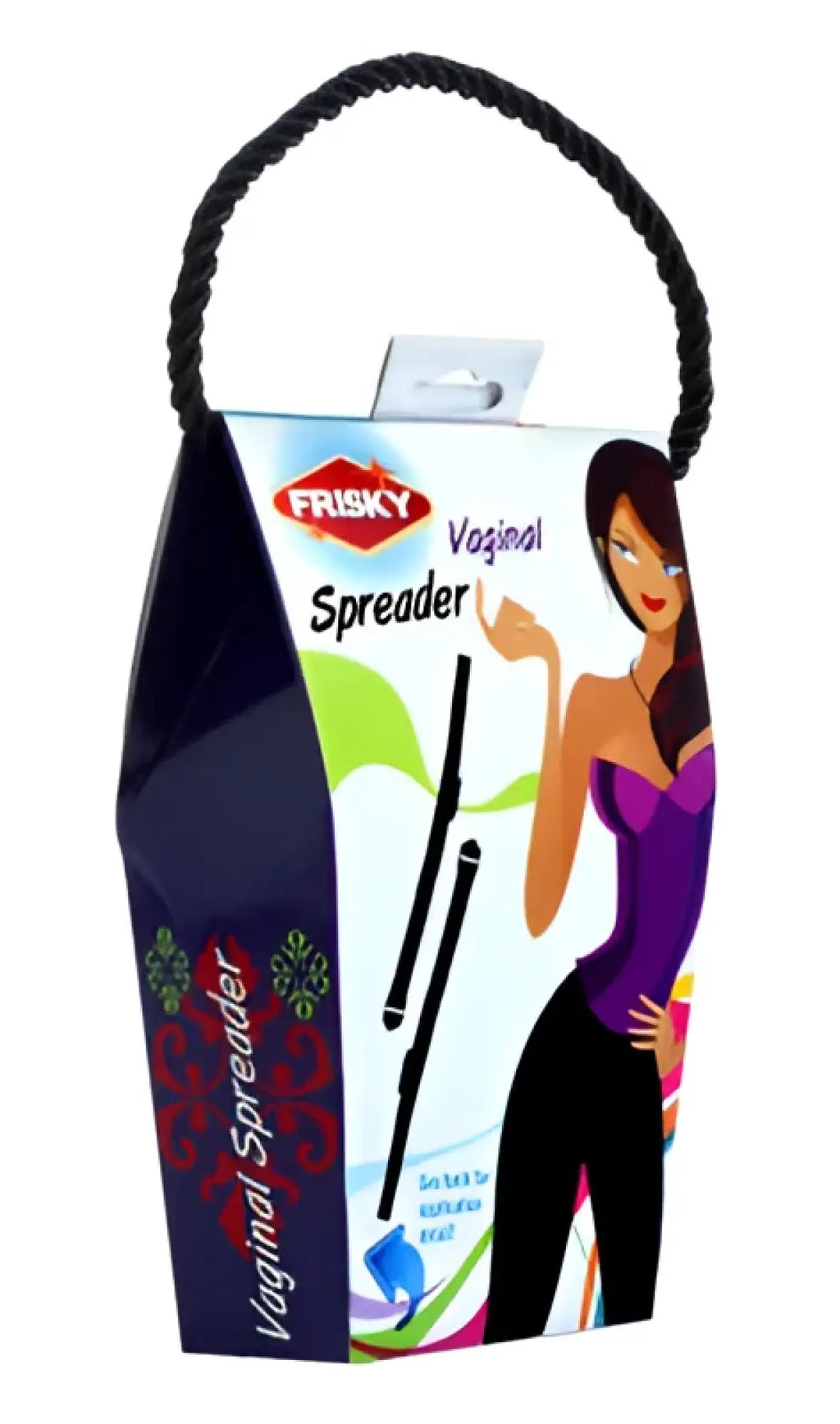 Black plastic frisky vaginal spreader with braided handle packaged in a colorful box for intimate use