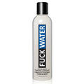 Clear plastic bottle with black cap and bold blue and black label reading fuck water for water-based hybrid cream lubricant