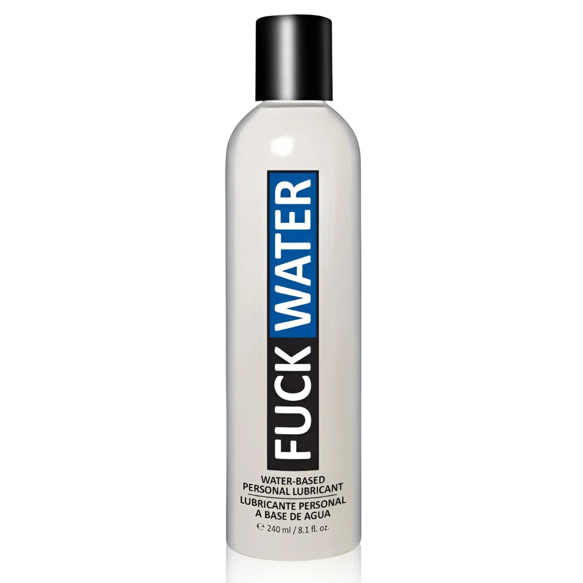Clear plastic bottle with black cap and bold blue and black label reading fuck water for water-based hybrid cream lubricant