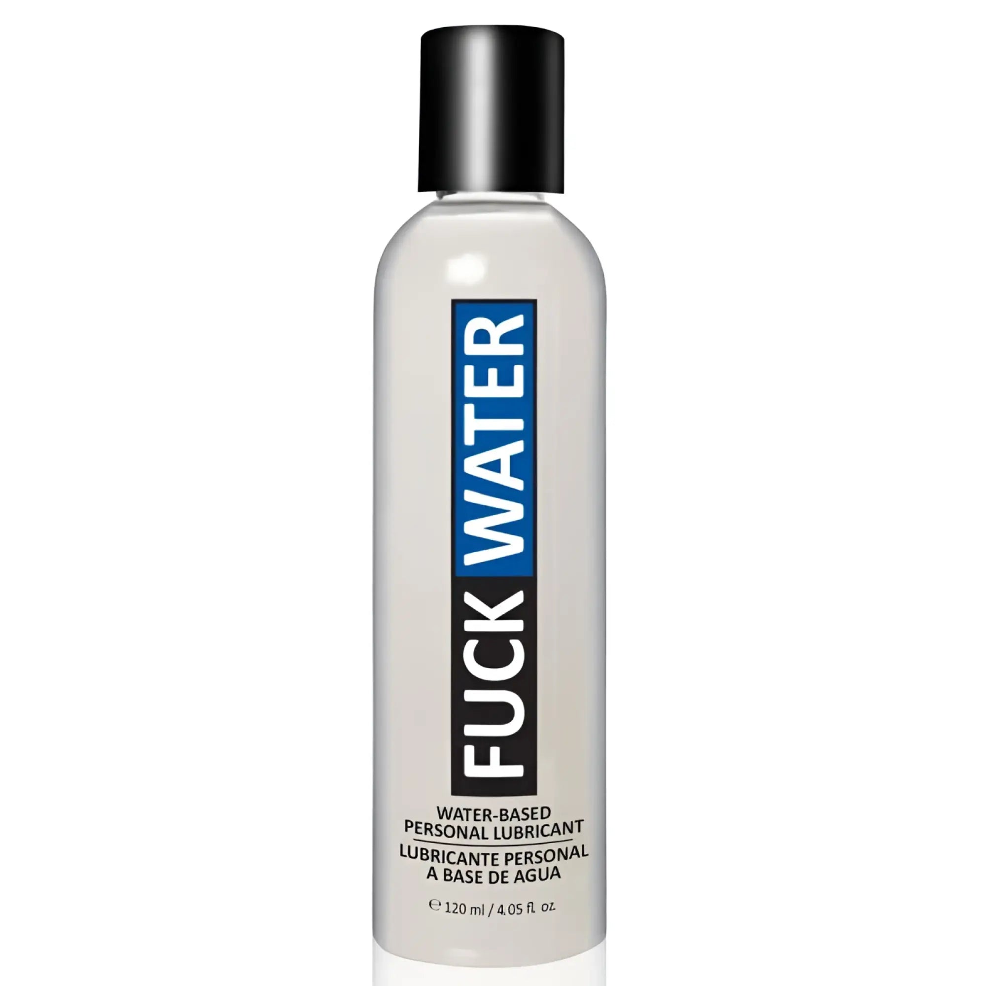 A sleek transparent bottle of fuckwater hybrid cream lubricant with black cap and blue-black label contains water-based lubricant