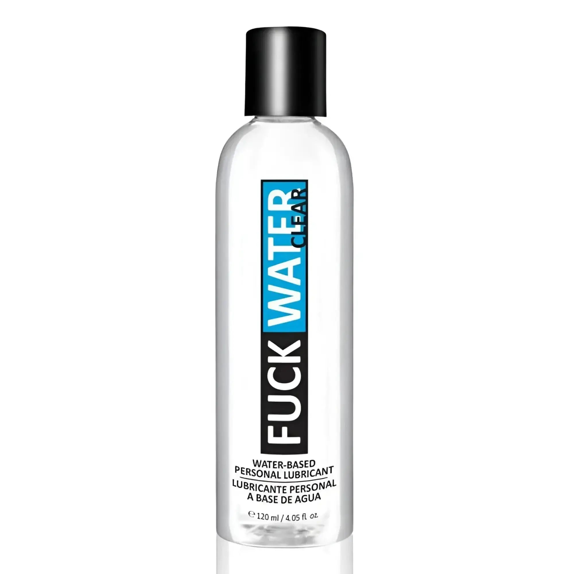 Clear plastic bottle of fuckwater water based lubricant with black cap and blue black label 4oz 120ml