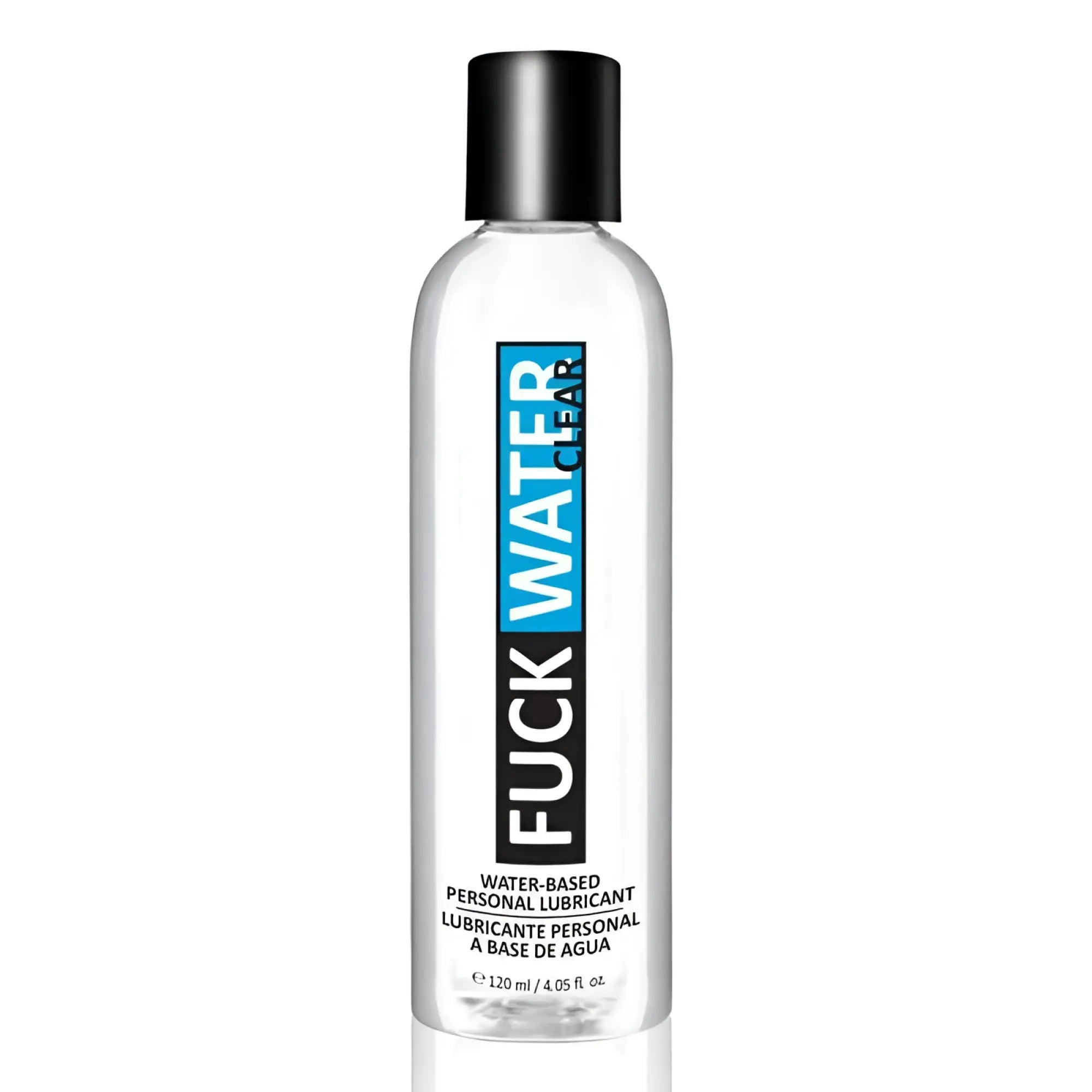 Clear plastic bottle of fuckwater water based lubricant with black cap and blue black label 4oz 120ml
