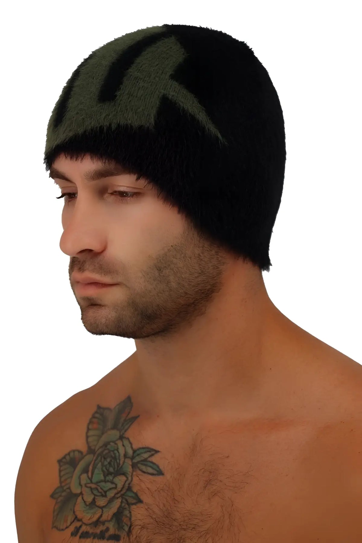 Black fuzz daddy beanie made of soft fabric featuring a green lightning bolt design for casual wear