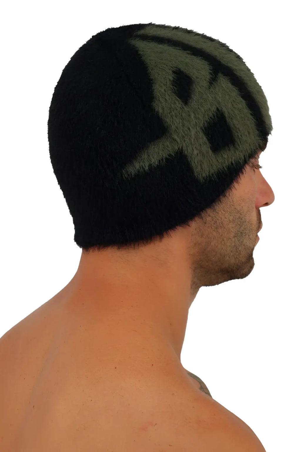 Black knit fuzz daddy beanie featuring a textured olive green skull design made from soft warm material