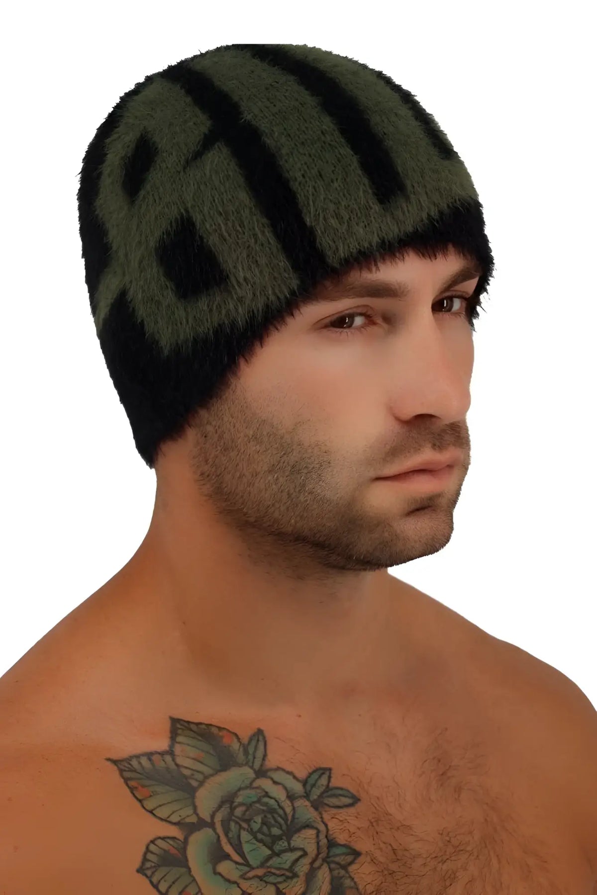 Olive green and black knitted fuzz daddy beanie with bold geometric pattern for cold weather wear