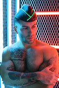 Black leather garrison hat with neon green trim designed for a bold and stylish look
