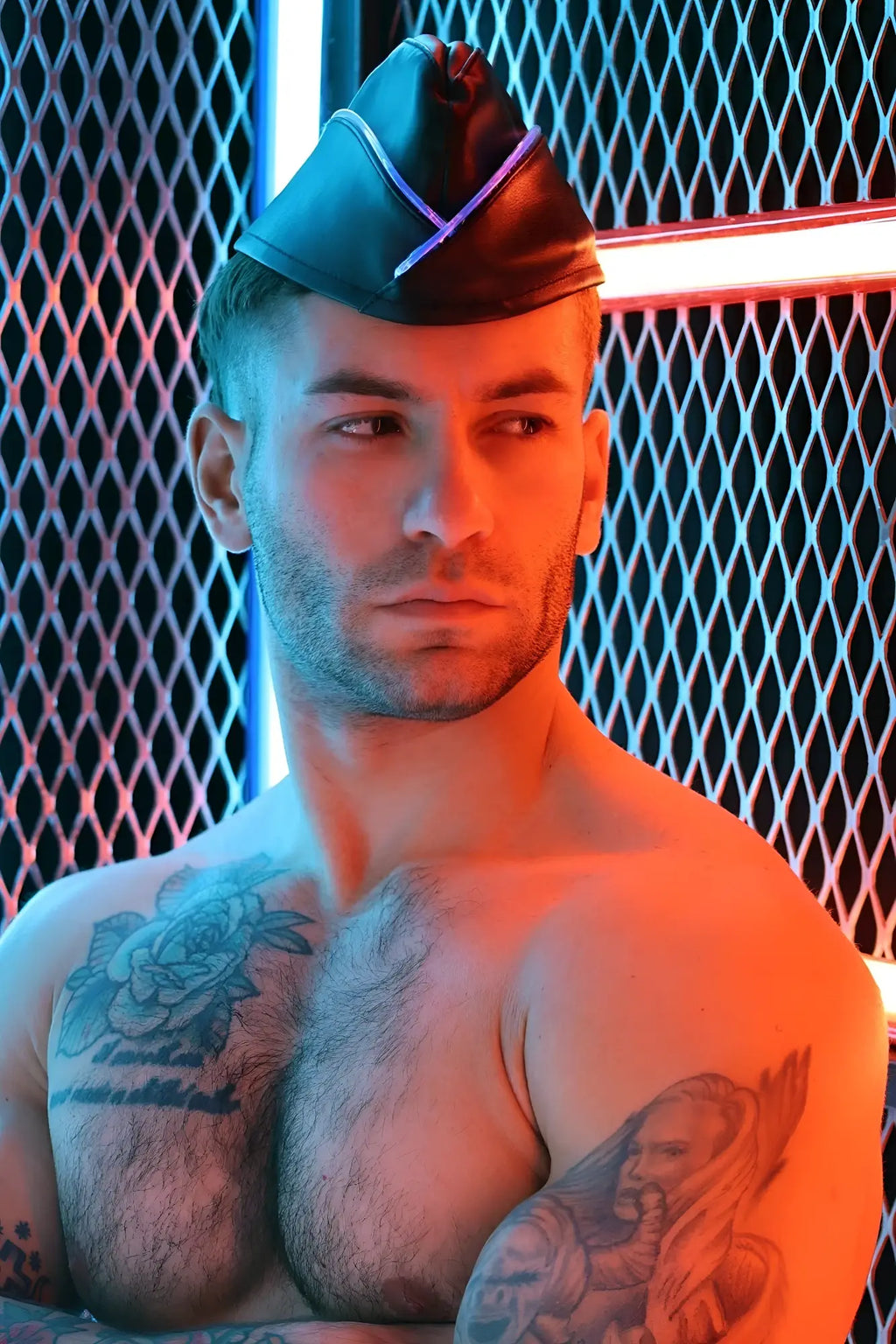Black leather garrison hat with purple trim featuring a classic military-inspired design