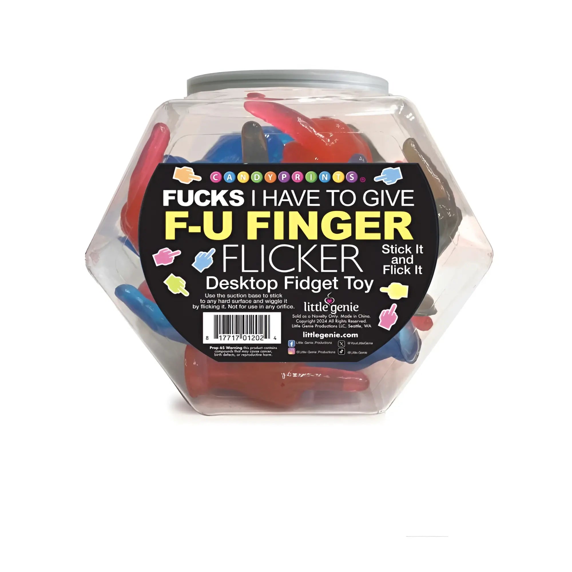A clear hexagonal container filled with colorful flexible finger-shaped fidget toys genie 12 fy finger flickers 24 pc fish bowl