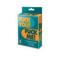 Teal and orange cardboard box for the Genie Fuck You Fuck Me adult party card game packaging