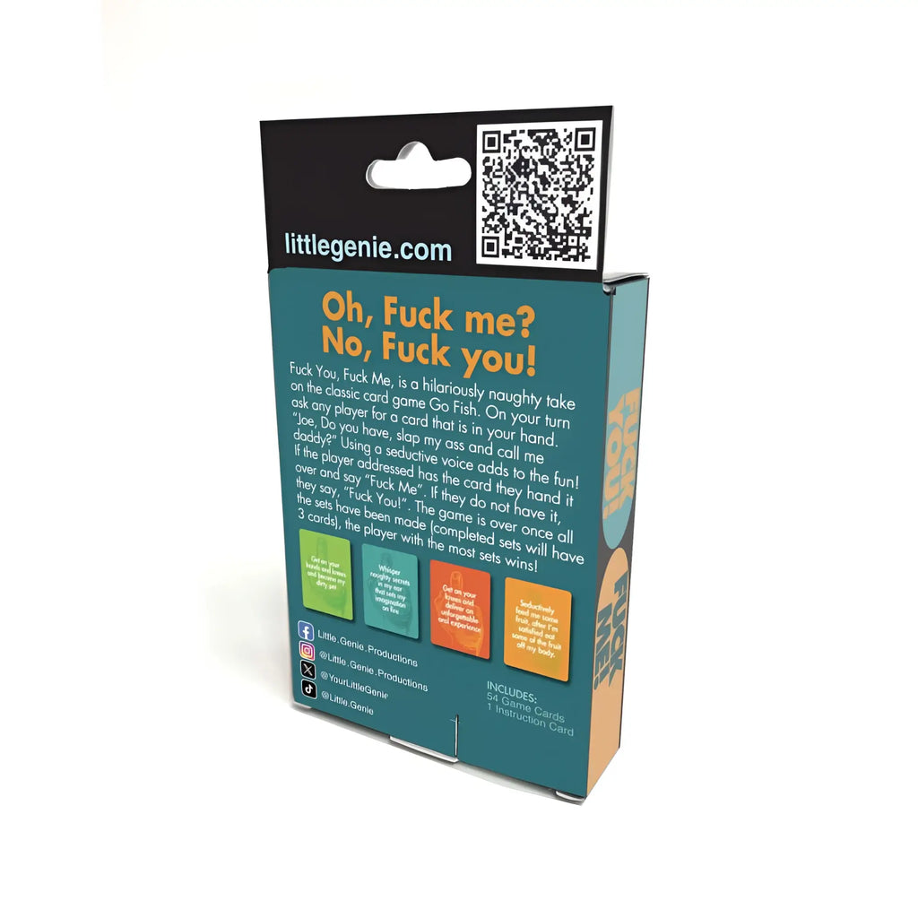 Teal and orange cardboard box for genie fuck you fuck me card game featuring edgy adult party gameplay