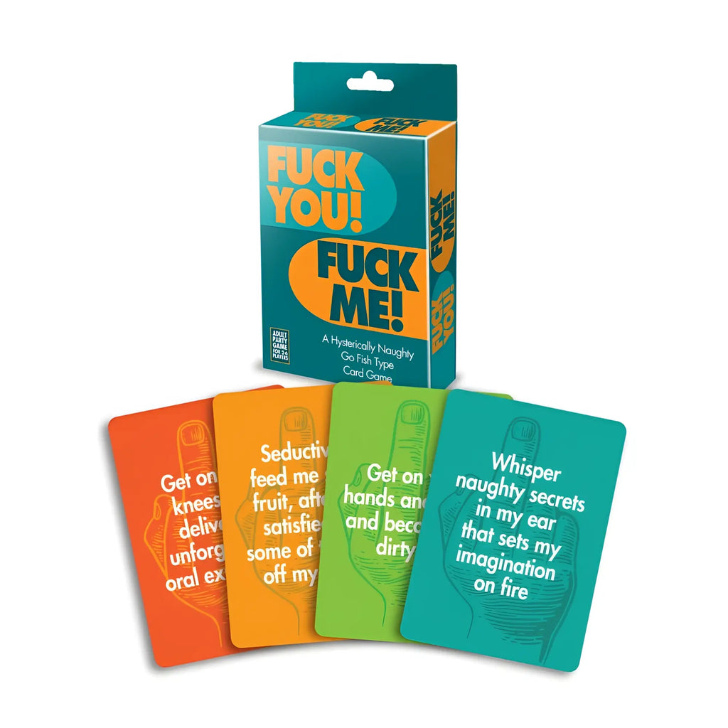 Vibrant multi-colored genie fuck you fuck me card game box with bold orange and teal packaging for adult gameplay