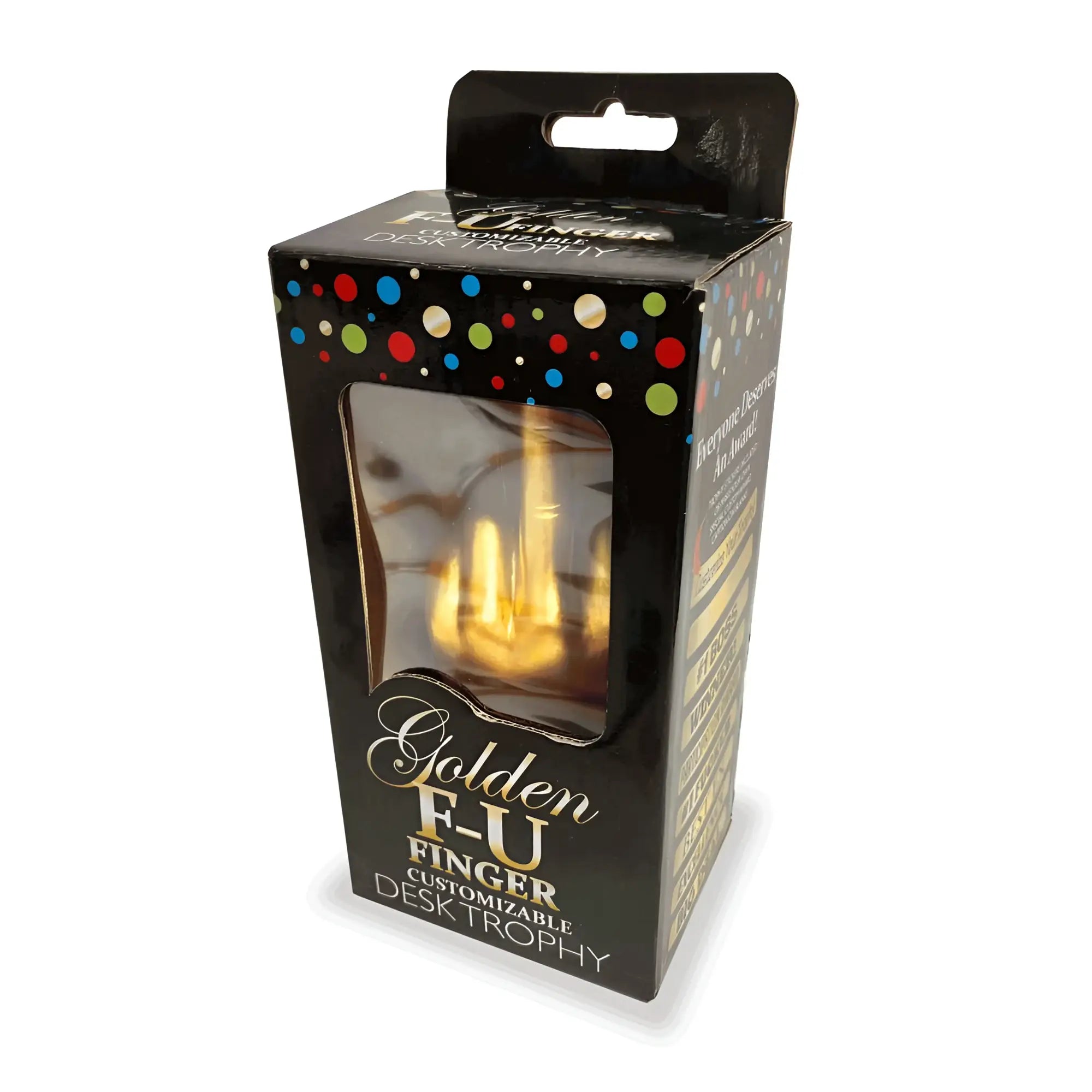 Genie golden fu finger trophy desk ornament in gold metal inside a black box with colorful polka dots