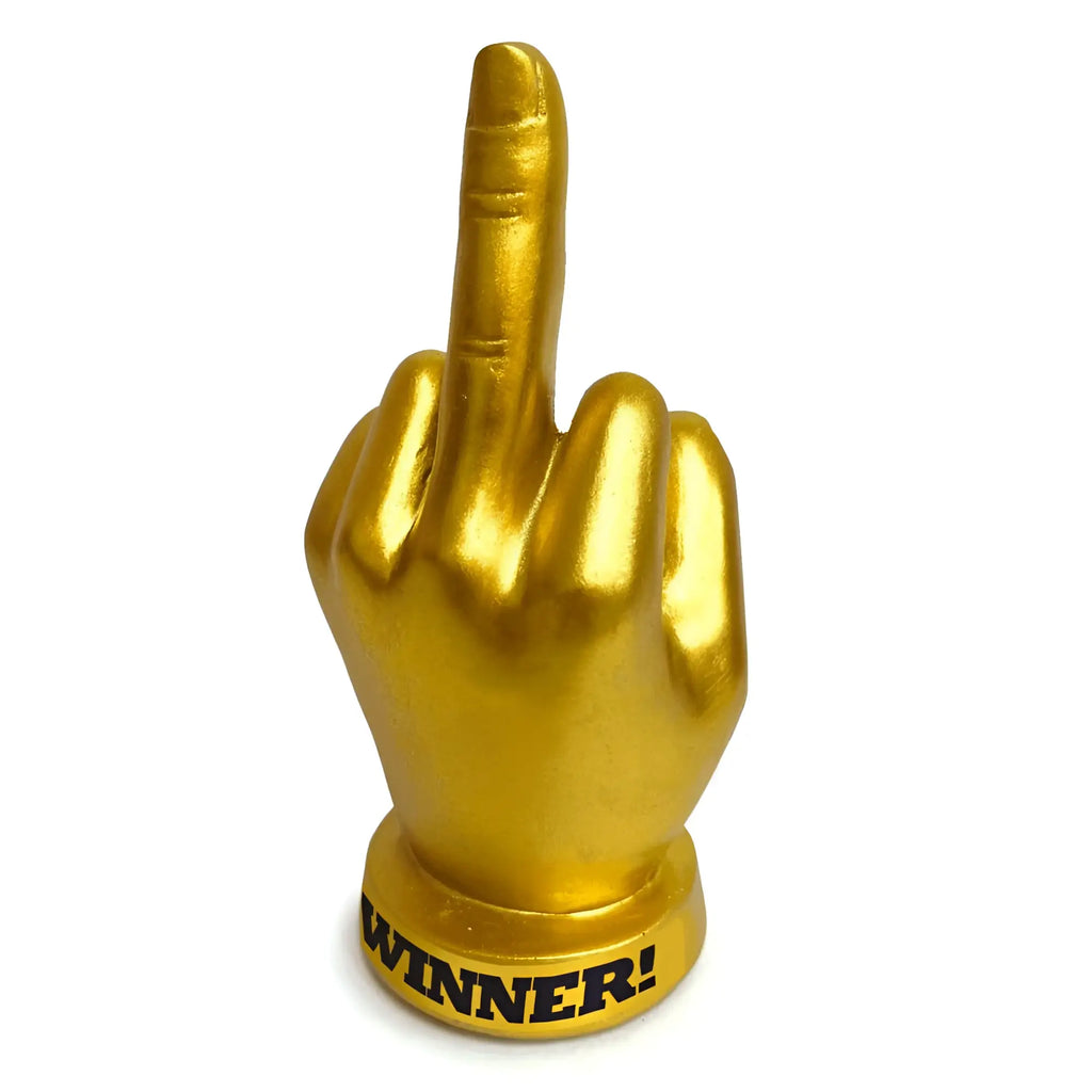 Genie golden fu finger trophy is a gold hand figurine with raised index finger mounted on a winner inscribed base