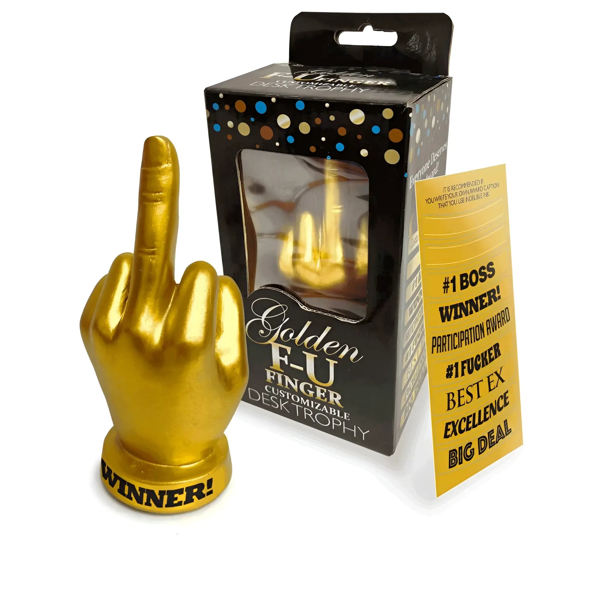 Golden metallic hand figurine with index finger extended designed as a genie golden fu finger trophy desk award