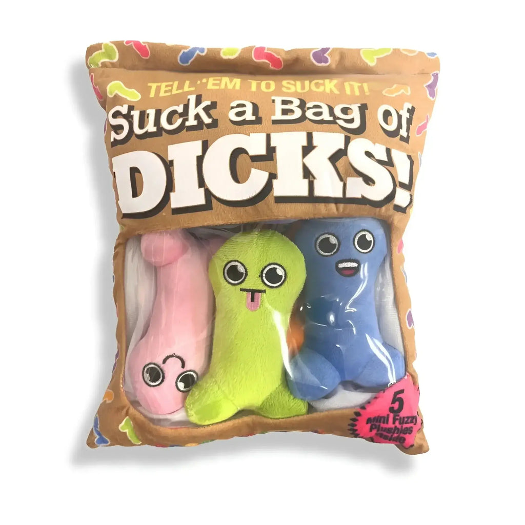 A plush toy set featuring three fuzzy cartoon figures in pink lime green inside a snack bag pouch with bold white text