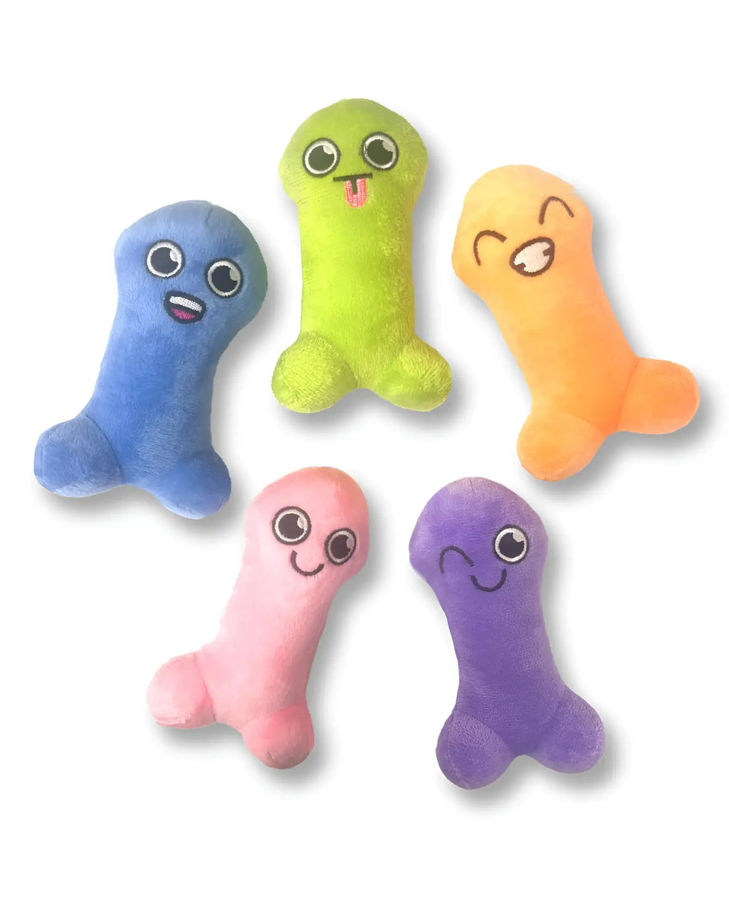 Five colorful plush bone-shaped dog toys with embroidered cartoon faces in blue green orange pink and purple from genie plushy pillows suck a bag of dicks