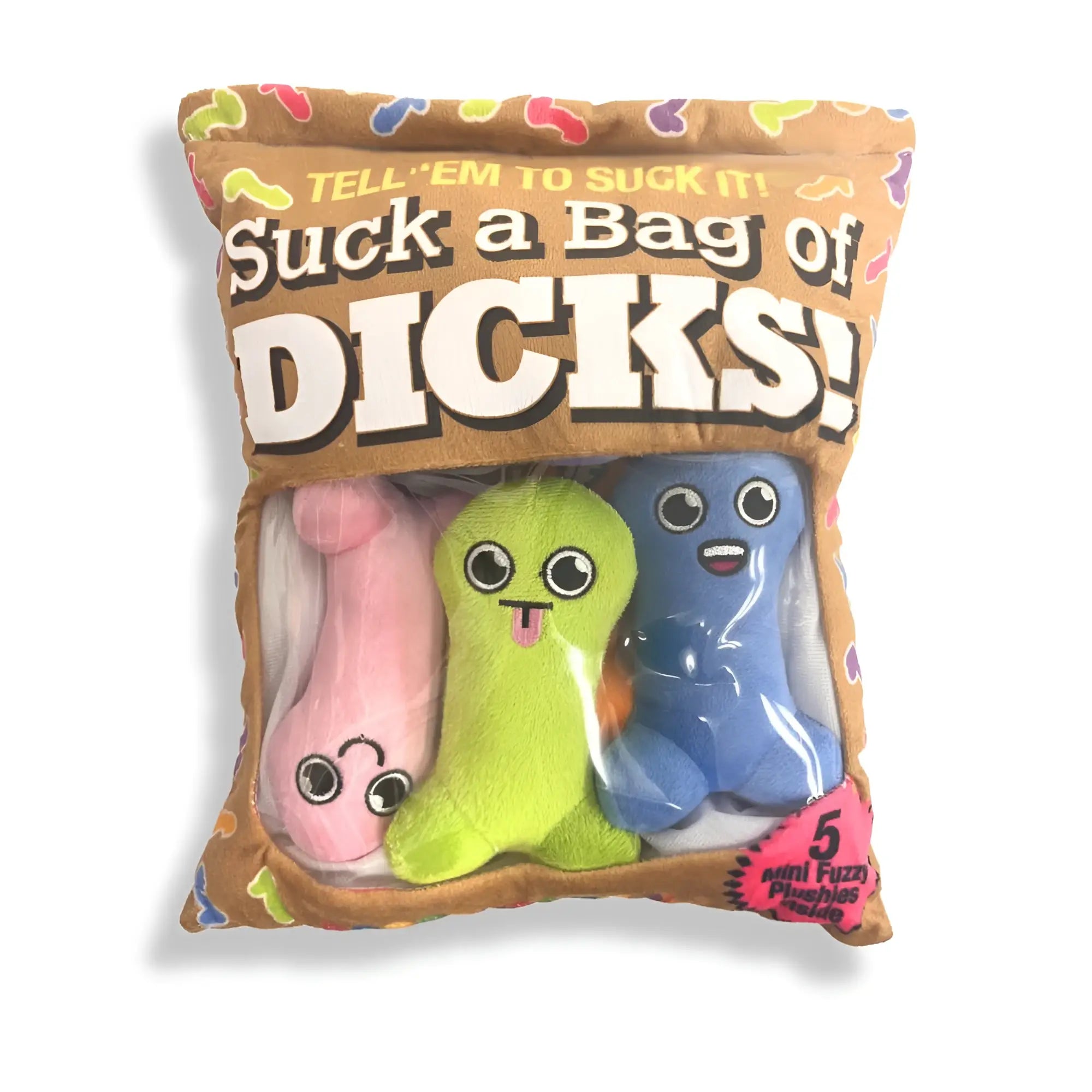 A plush toy set featuring three fuzzy cartoon figures in pink lime green inside a snack bag pouch with bold white text