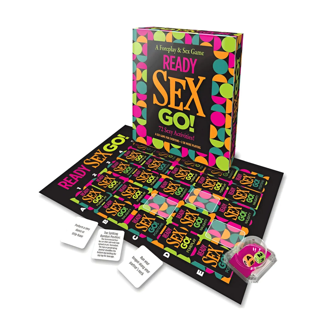 Vibrant neon-colored genie ready sex go sex game board with bold black background and colorful circular patterns on box