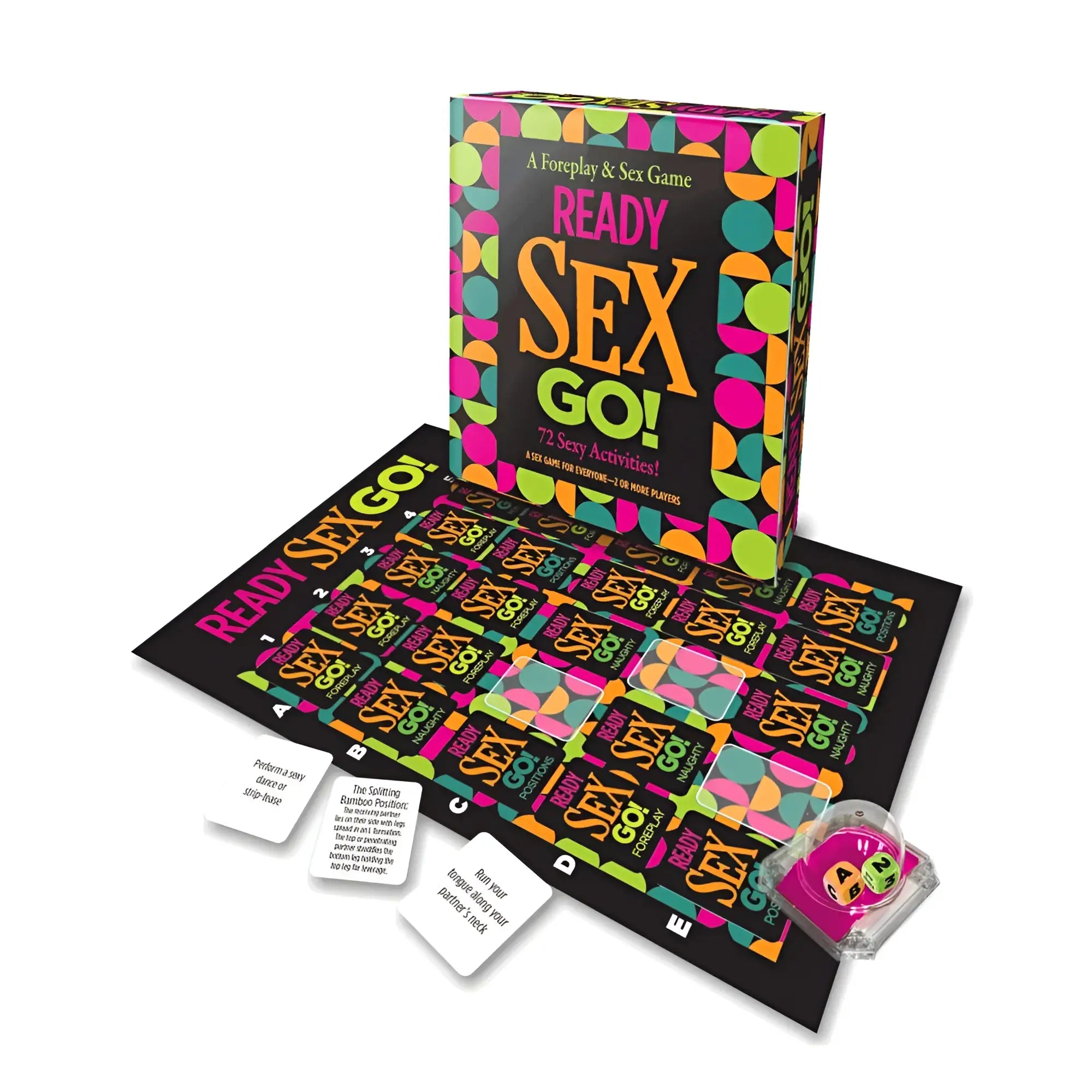 Vibrant neon-colored genie ready sex go sex game board with bold black background and colorful circular patterns on box