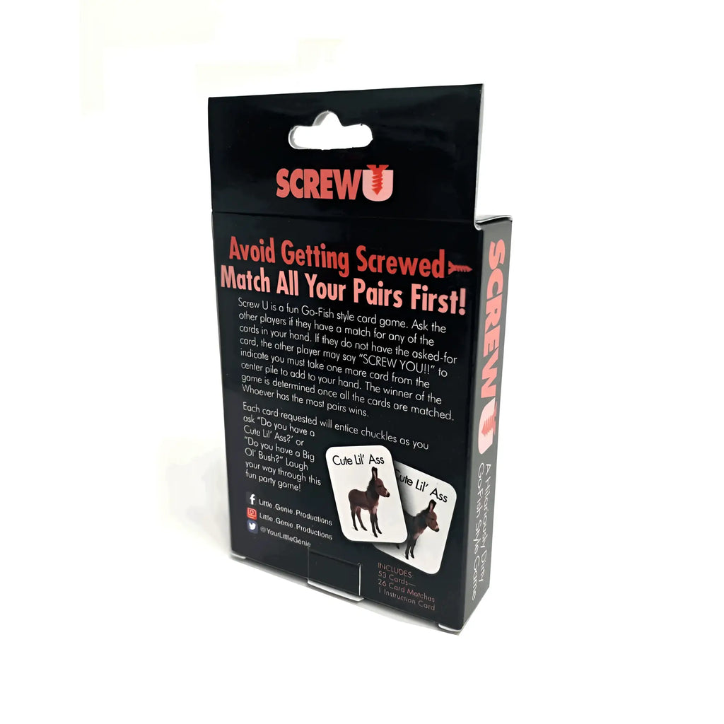 Black cardboard box for genie screw u card game with red and white text and donkey illustrations on sample cards