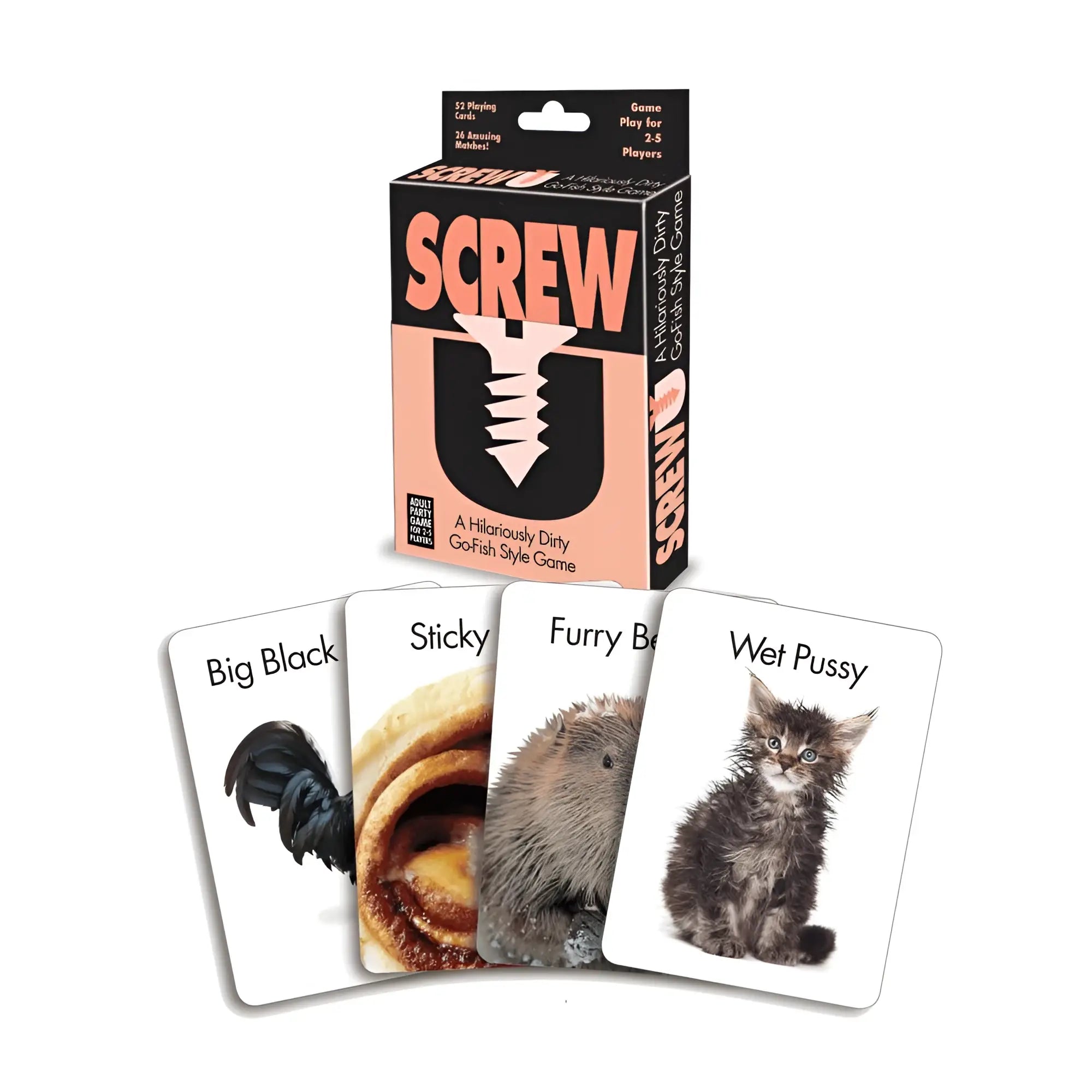 Genie screw u card game featuring 53 adult-themed playing cards with explicit illustrations on white backs
