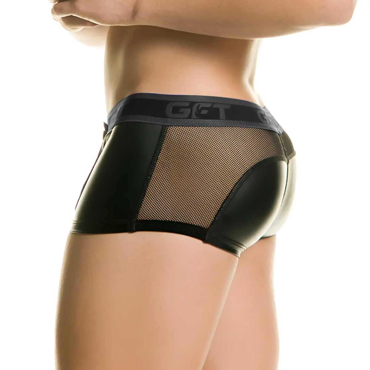 Black faux leather briefs with mesh panel and get branding on waistband from gigo 1 fetiche black trunk collection