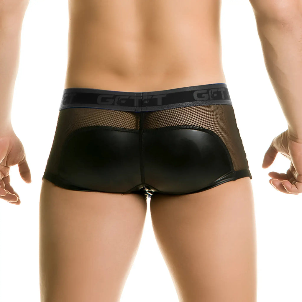 Black faux leather briefs with mesh back and gray gct logo waistband from gigo 1 fetiche black trunk collection