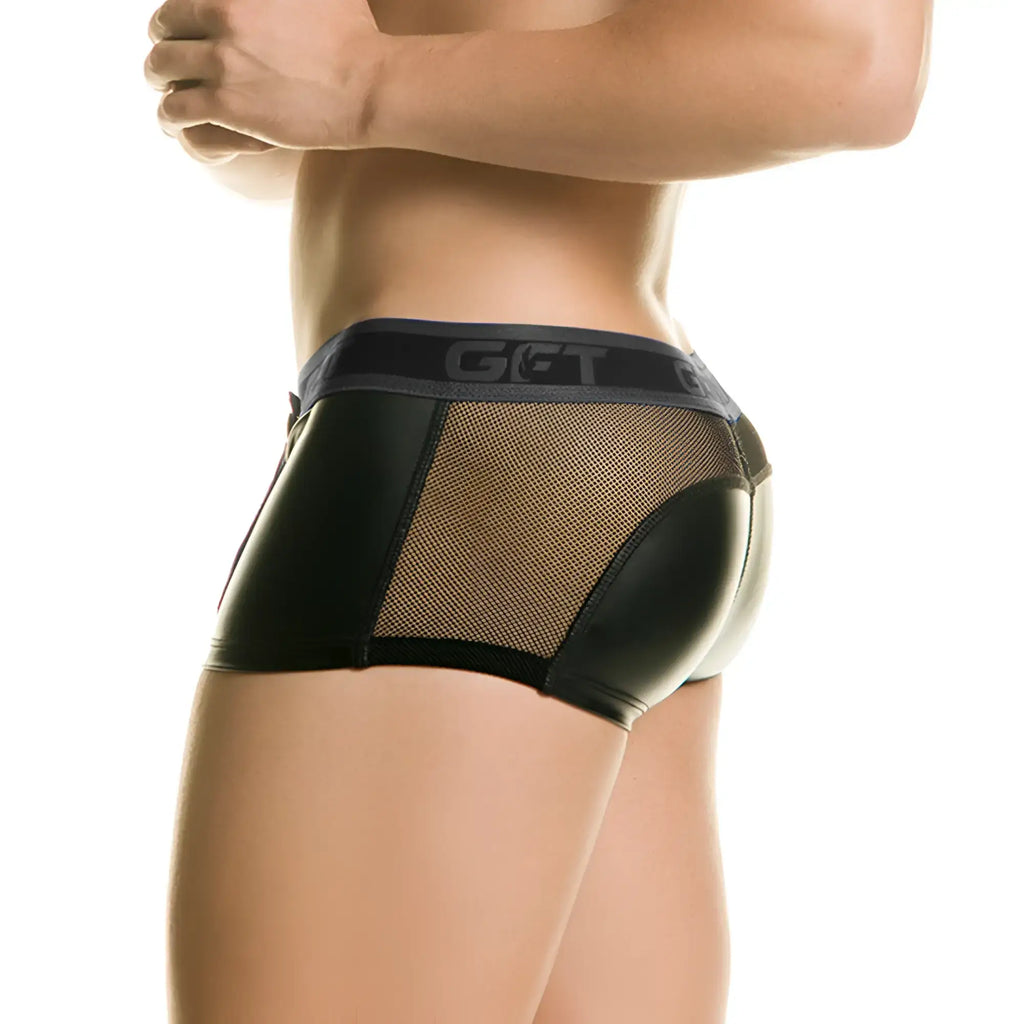 Black gigo 1 fetiche trunk menÃ¢â‚¬â„¢s briefs with glossy faux leather finish and mesh paneling