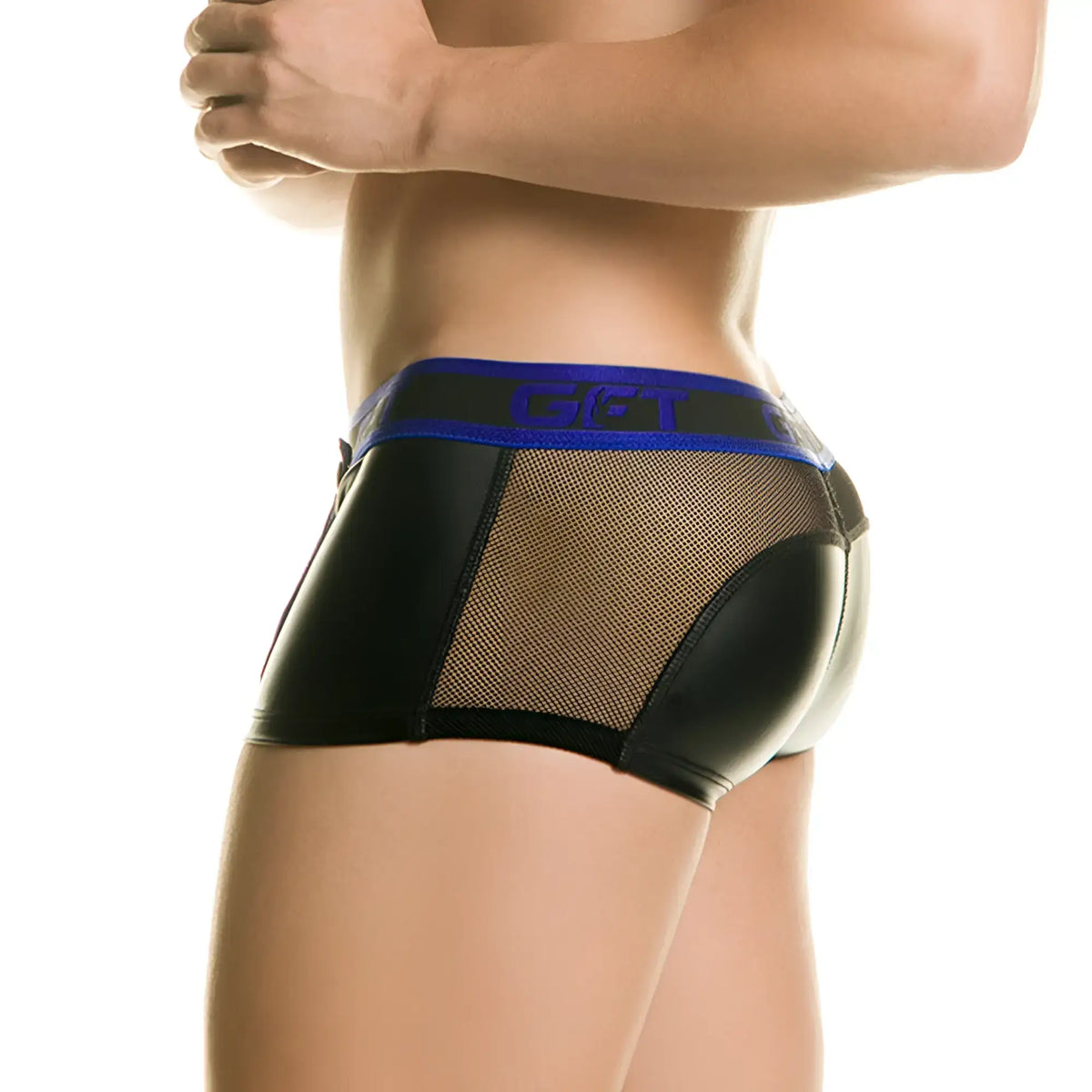 Black patent leather briefs with mesh panel and blue g&t waistband in gigo 1 fetiche blue trunk design